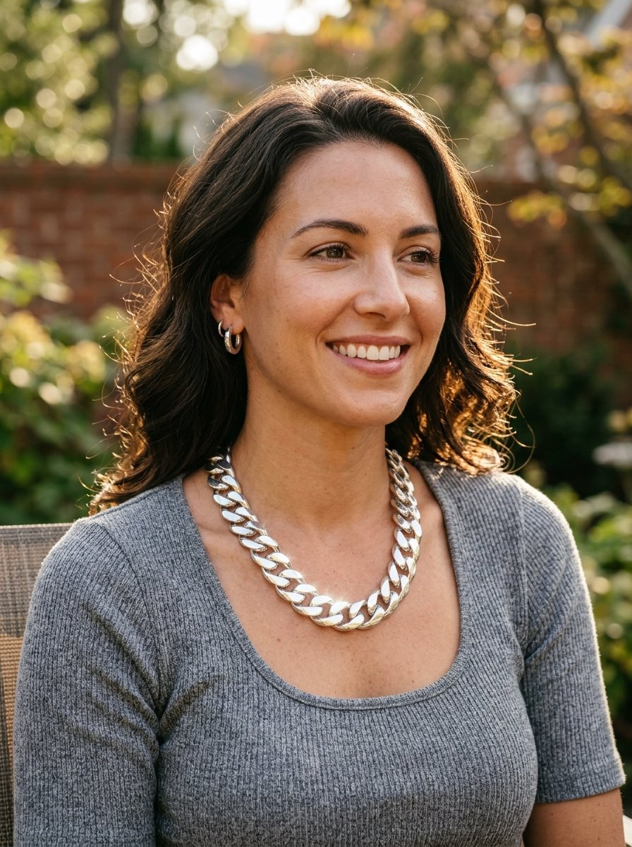 Portrait of a woman with brown hair smiling in a grey top while wearing a heavy, reflective silver link necklace.