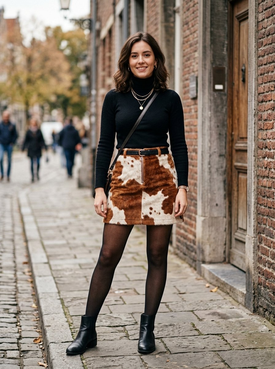 A woman wearing a black turtleneck and fuzzy cow print skirt on a cobblestone street.