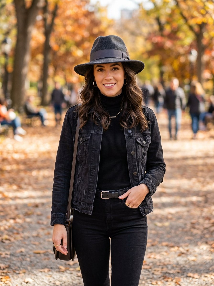 Smiling brunette woman wearing a grey fedora and black outfit walking on a path covered with fall foliage.