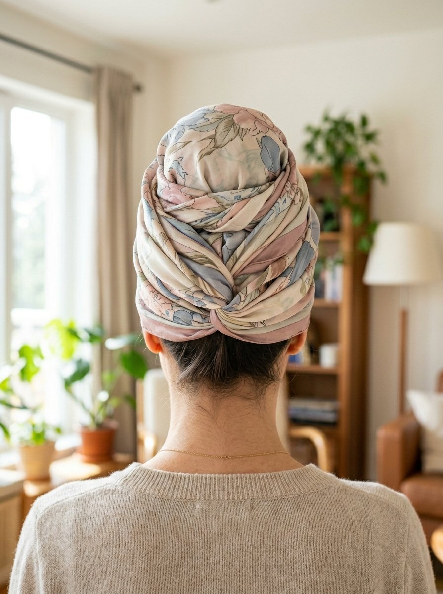 A person with dark hair tied back wears a knotted silk head wrap with a pink and blue botanical pattern.