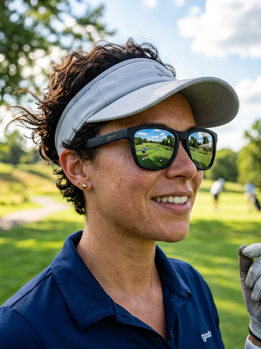 Close-up portrait of a woman in a visor and reflective sunglasses while golfing outdoors.