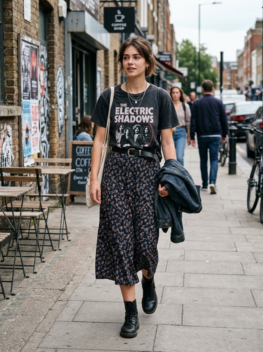 A stylish woman walks down a London sidewalk wearing a black graphic band tee, a floral print skirt, and combat boots.