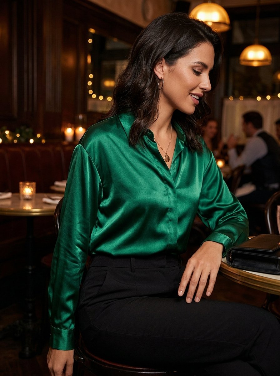 A smiling woman with dark hair wears a shiny emerald green long-sleeved shirt and black trousers in a dimly lit bistro.