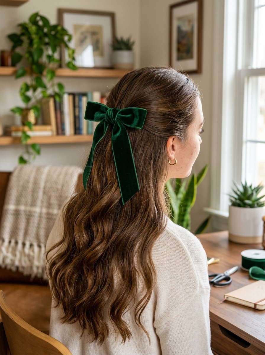 Close-up back view of a woman with long wavy hair tied back with a large dark green velvet ribbon bow.
