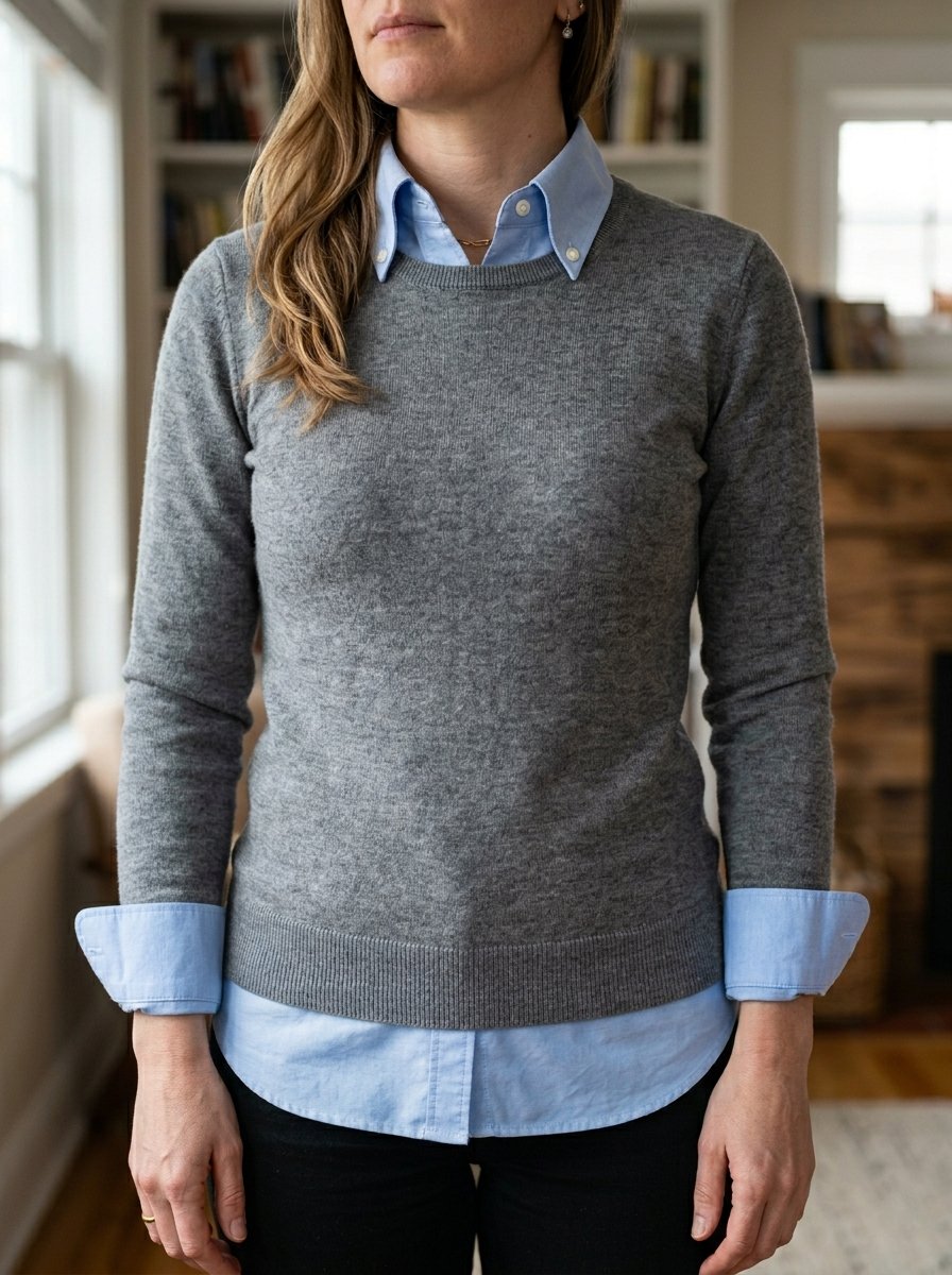 Close up of a woman in a grey crewneck sweater layered over a crisp light blue button-down shirt with cuffed sleeves.