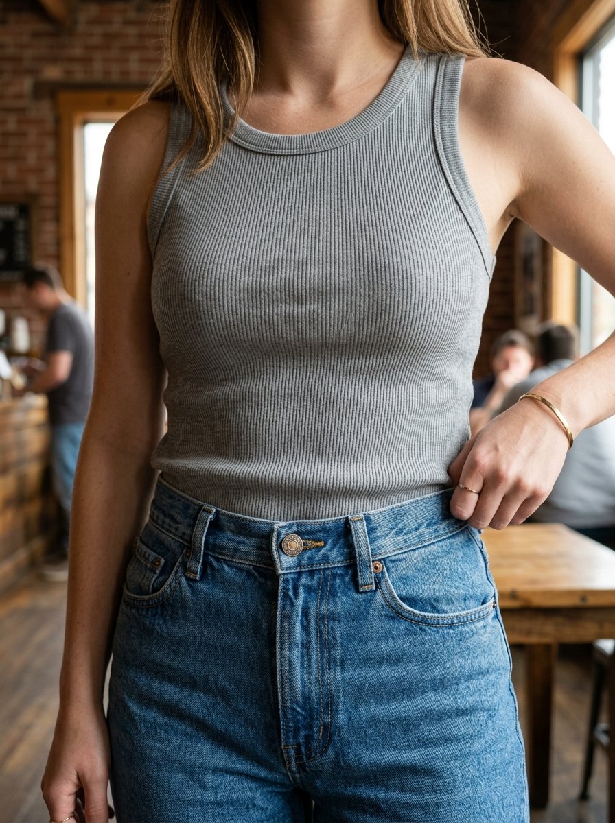 Close-up of a person in a grey sleeveless ribbed top and blue denim jeans standing in a rustic cafe.