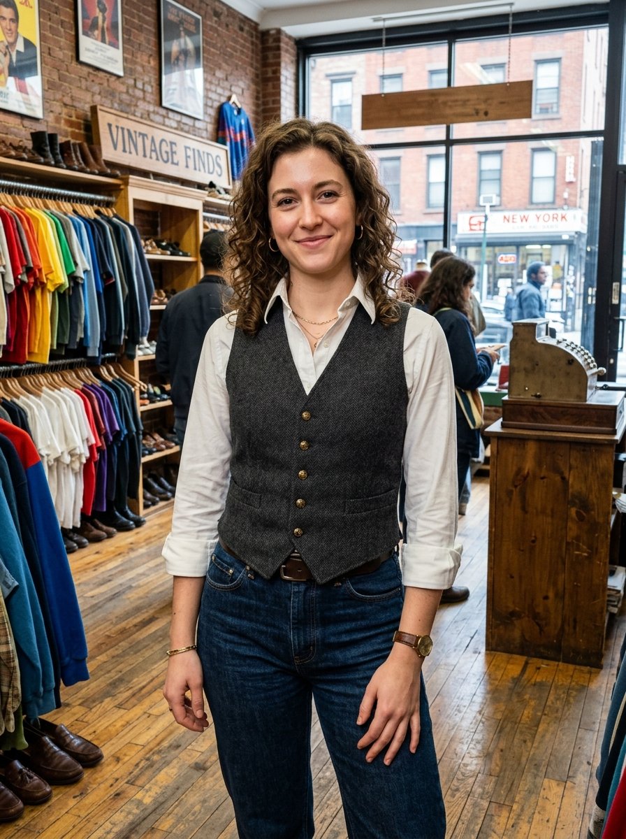 A curly-haired woman in a grey herringbone waistcoat stands in a shop with racks of colorful vintage clothing.