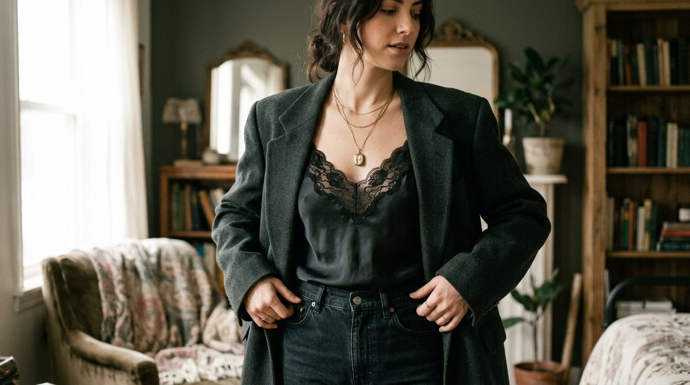Close up of a woman in a charcoal blazer and black silk top with lace trim, layered gold necklaces, and dark denim.