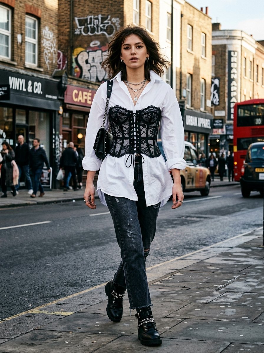 A woman wearing a black lace corset over a white button-down shirt walks along a London street.