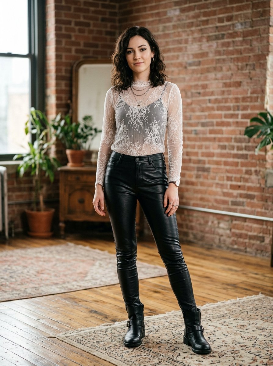 A woman with wavy hair posing in a white lace long-sleeved shirt and black leather pants in a brick loft apartment.