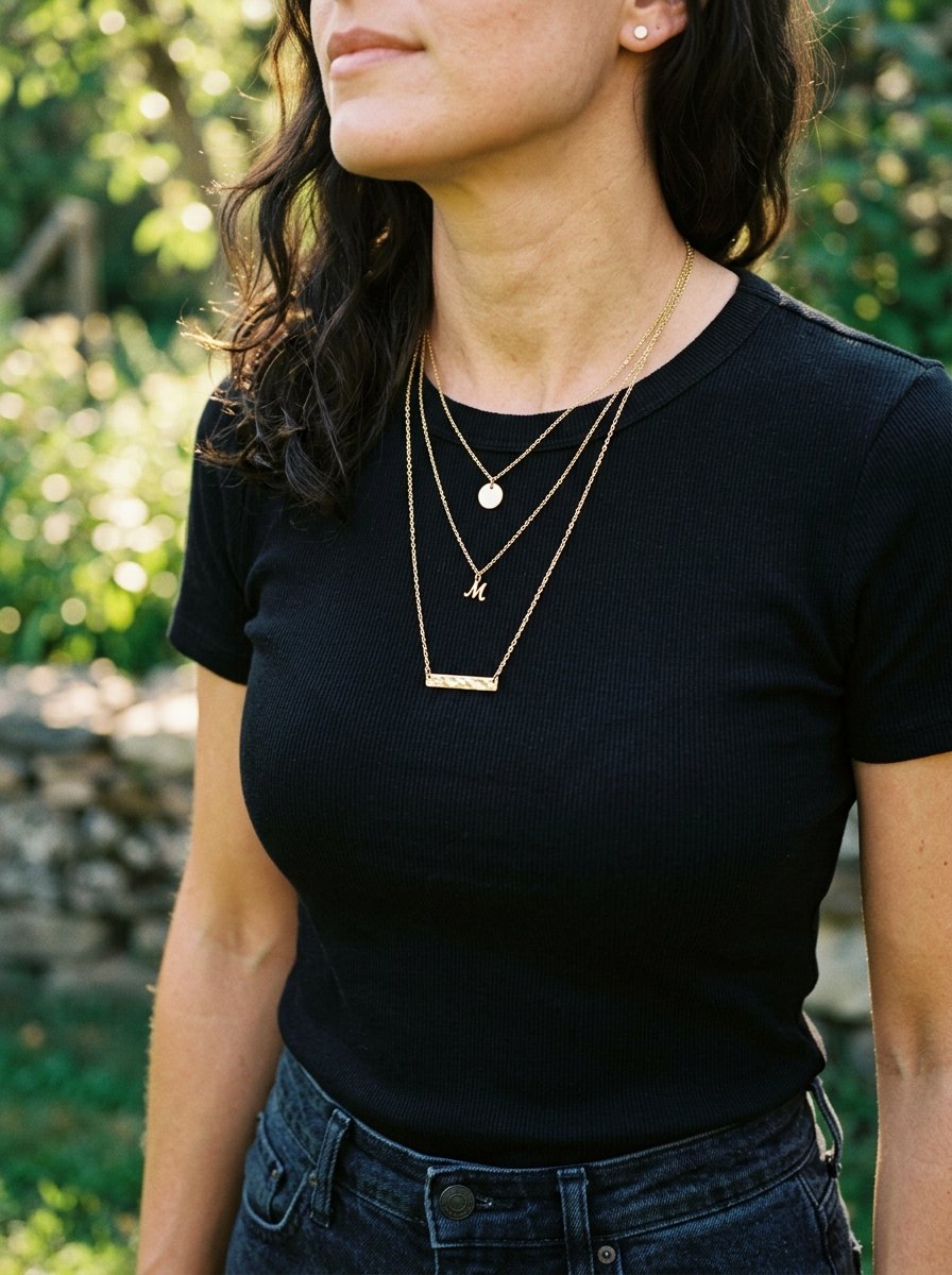 Close up of a woman in a black ribbed shirt wearing a gold disk, initial M, and bar pendant layered necklace set.