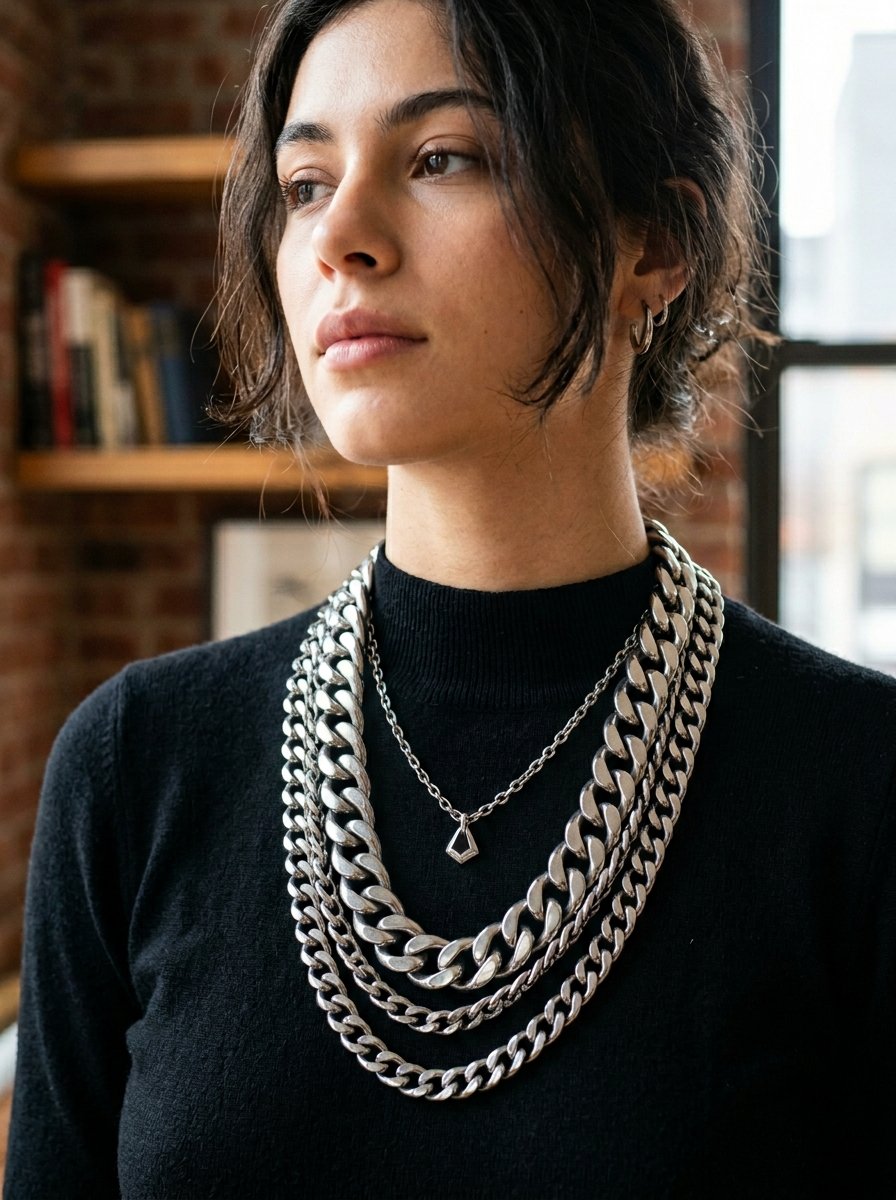 Young woman in a black sweater styled with several chunky silver link necklaces.