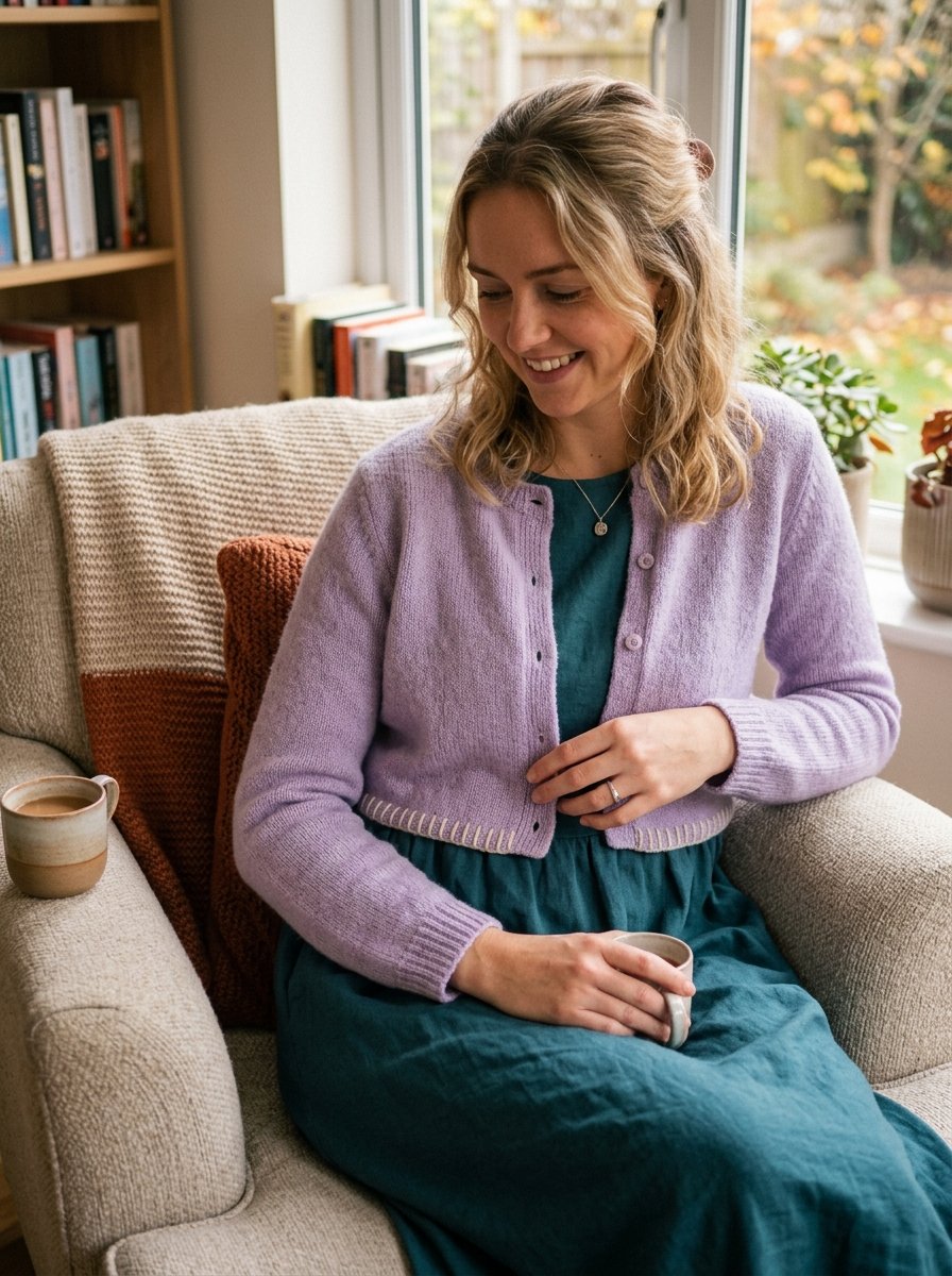 Blonde woman in a cropped lilac knit cardigan and dark teal dress holding a mug in a cozy home library setting.