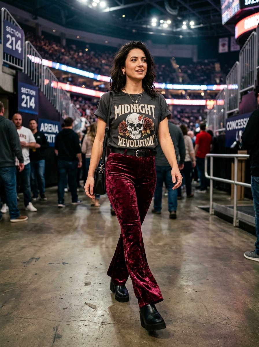 Smiling woman in a skull graphic tee and dark red velvet flare pants walking through a stadium hallway.