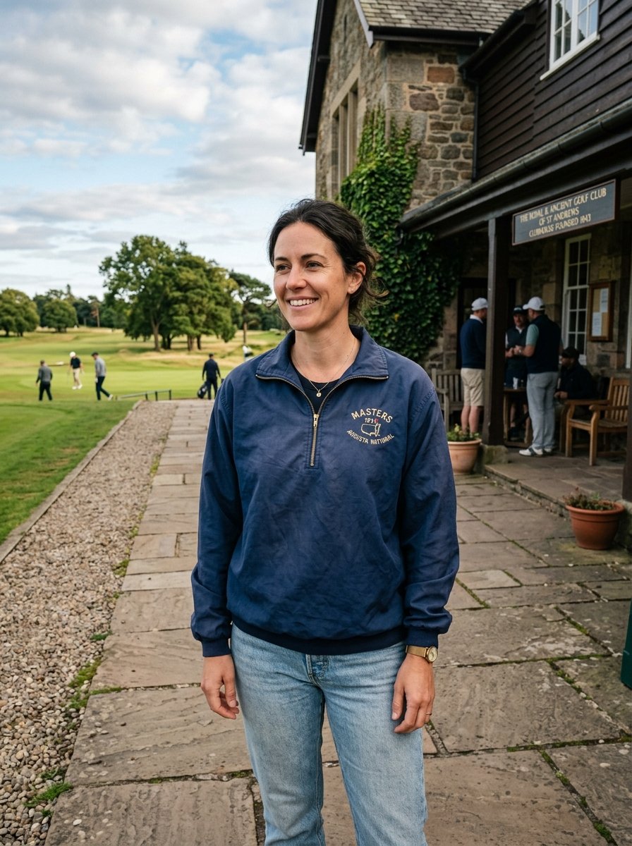 A woman in a navy Masters quarter-zip pullover stands on a stone patio overlooking a golf course.