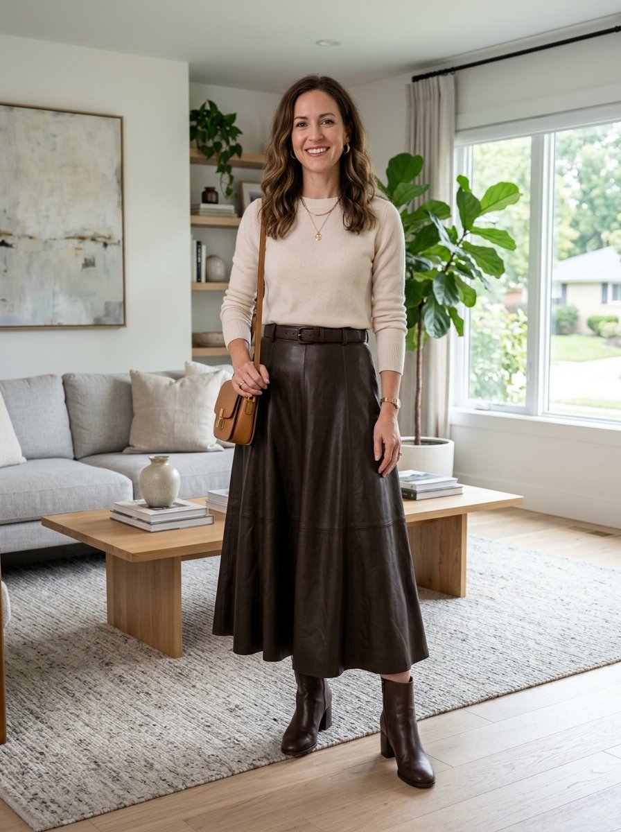 Smiling woman wearing a long chocolate brown leather skirt, cream sweater, and matching ankle boots in a living room.