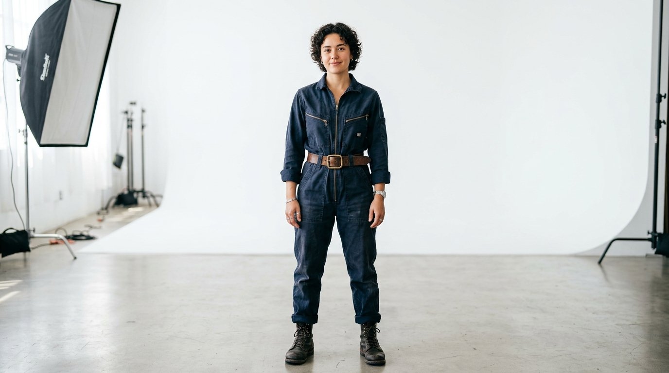 Portrait of a curly-haired woman in a navy boiler suit and leather belt posing in a bright photography studio.