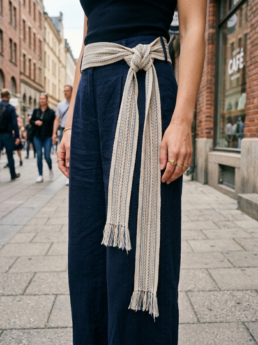 Person wearing dark blue linen pants featuring a decorative cream and blue woven fringed sash belt