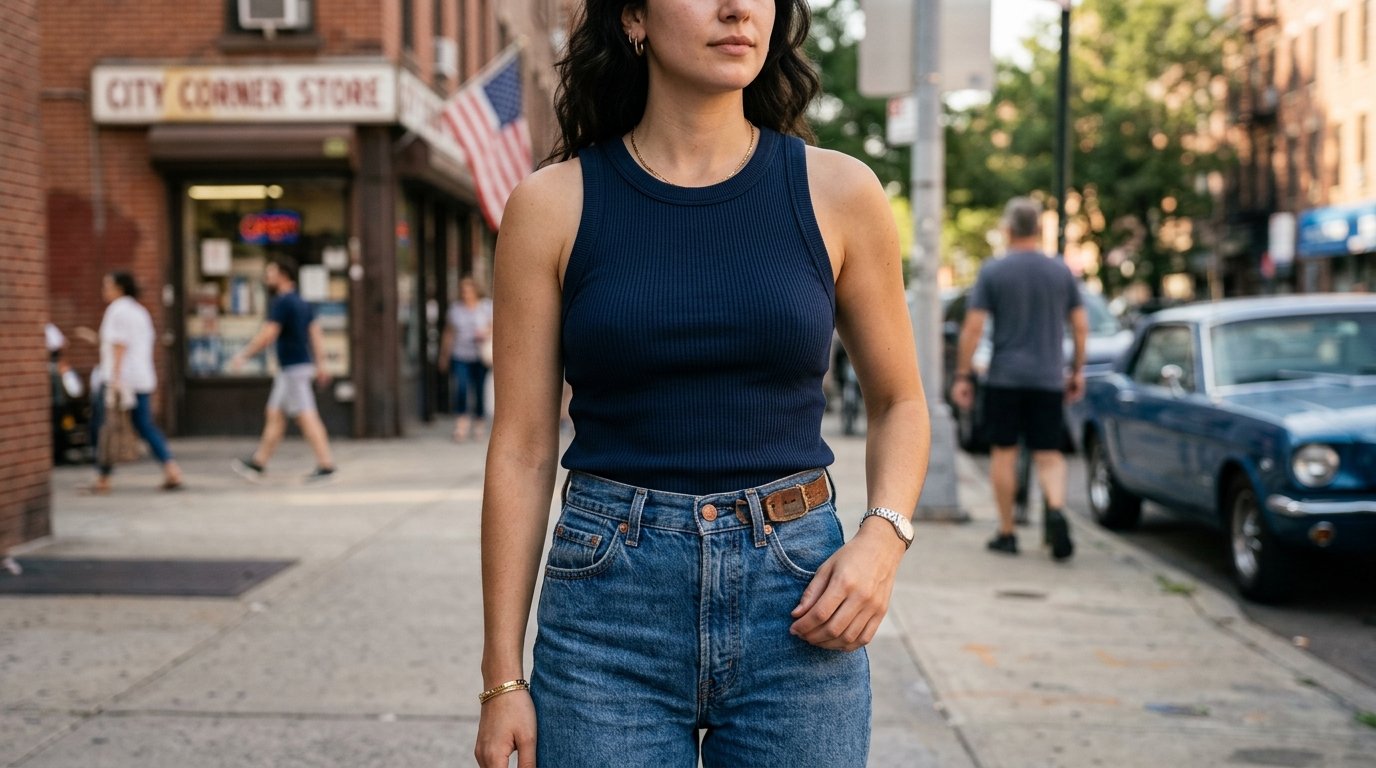 A woman in a dark blue ribbed tank top and blue jeans walking in front of a brick corner store.