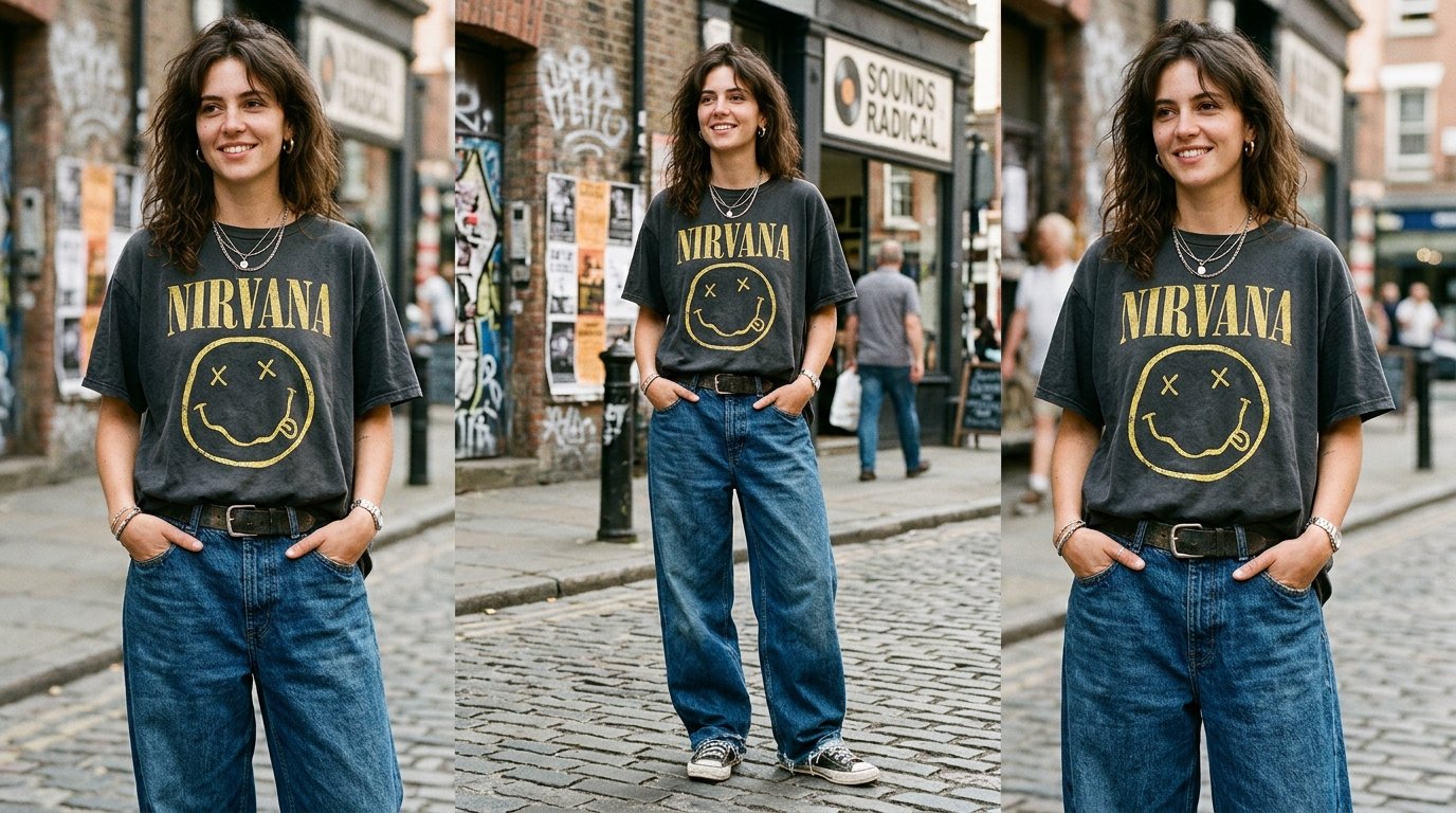 A woman with wavy hair wears a grey Nirvana graphic tee and blue denim jeans on a cobblestone street.