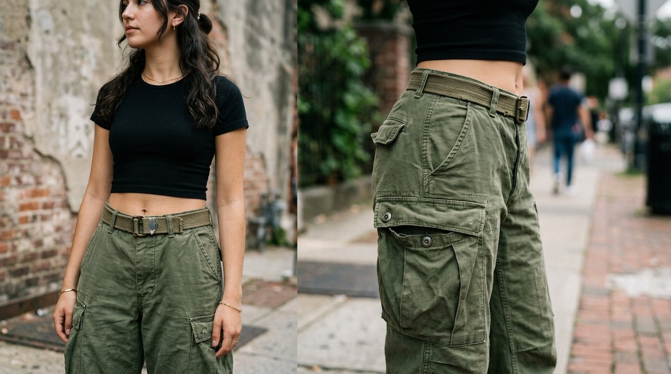 Close-up views of a person wearing an olive green tactical cargo pant and black crop top on a city sidewalk.