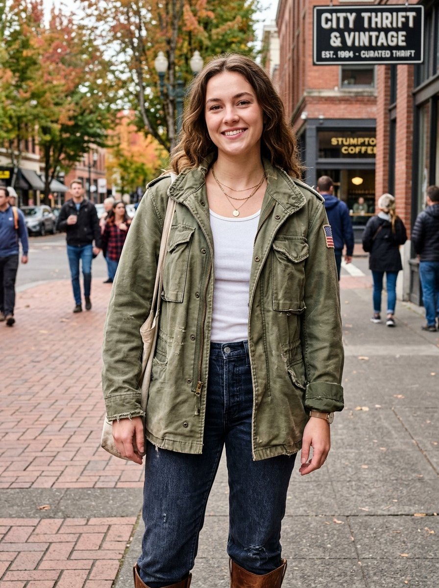 Portrait of a woman with wavy brown hair wearing a white tank top, olive field jacket, and dark jeans on a city sidewalk.