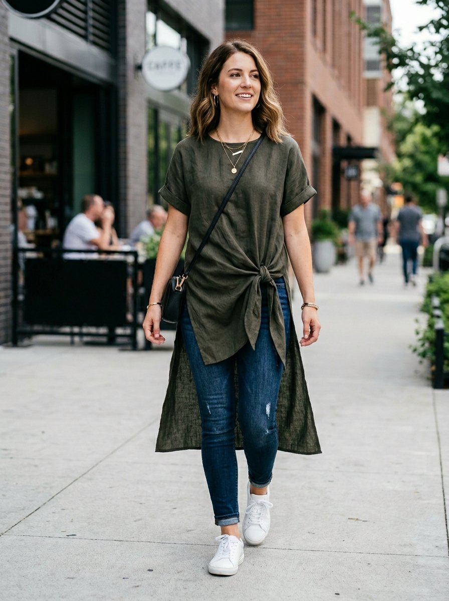 Smiling woman in dark jeans and olive green high-low top walking outdoors.