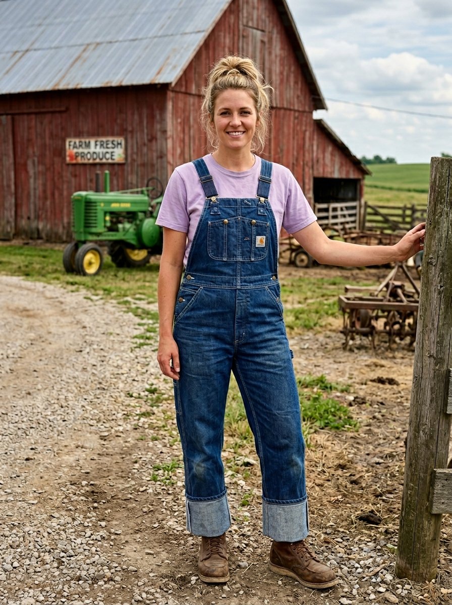 Young woman with blonde hair in a messy bun wearing denim overalls and a lavender t-shirt standing on a gravel path.