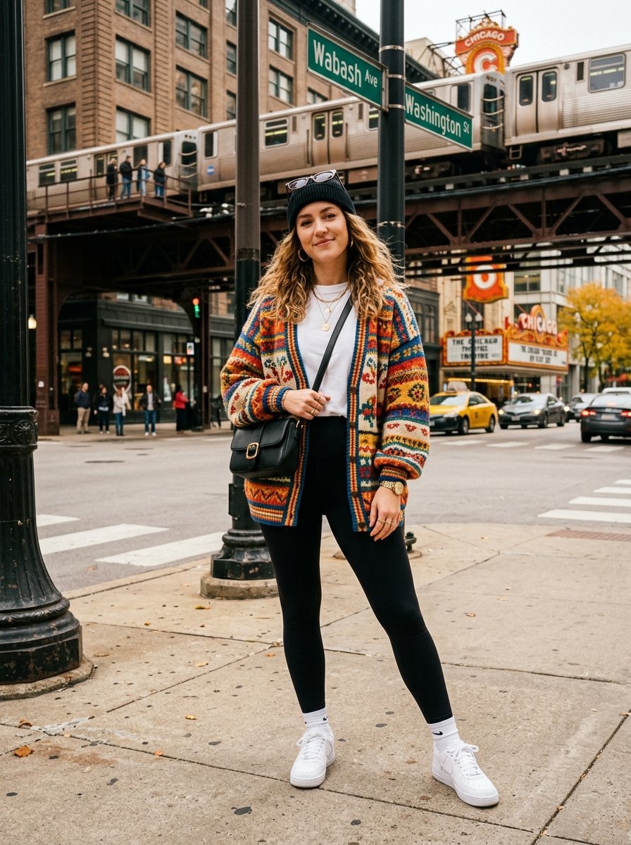 A smiling blonde woman in a vibrant knit sweater and black leggings stands beneath the Chicago elevated train tracks.