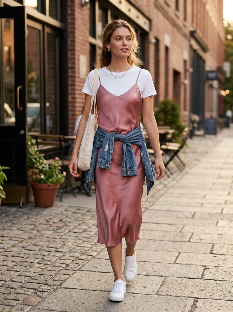 Young woman in a pink satin midi dress over a white t-shirt and denim jacket walking on a city sidewalk.