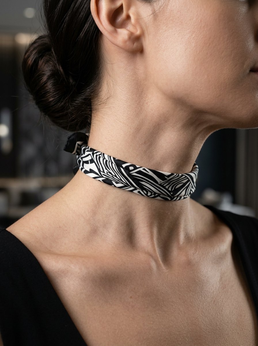A woman with her hair in a bun wearing a narrow, patterned silk neckerchief tied snugly around her neck.