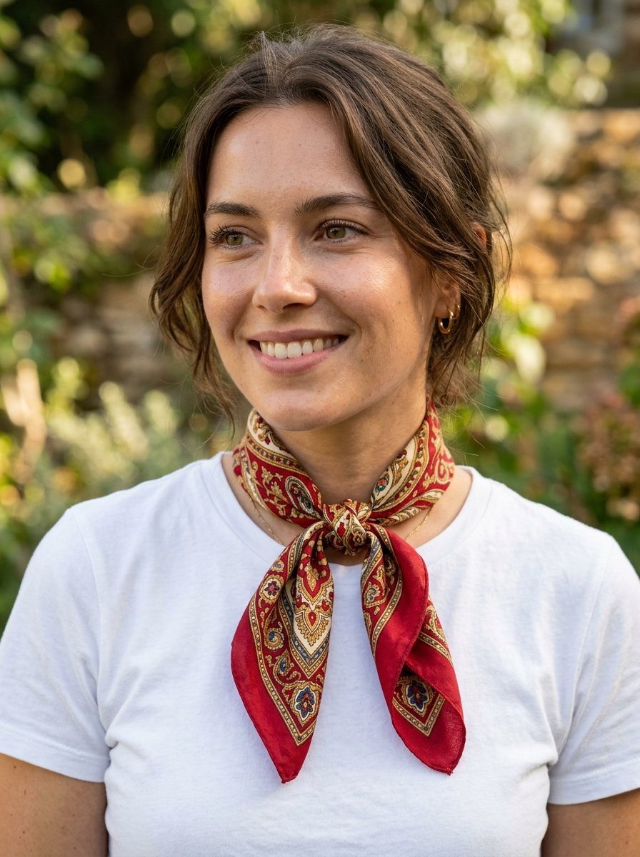 Close up of a young woman with a brown hair wearing a white t-shirt and a decorative red patterned silk neckerchief.
