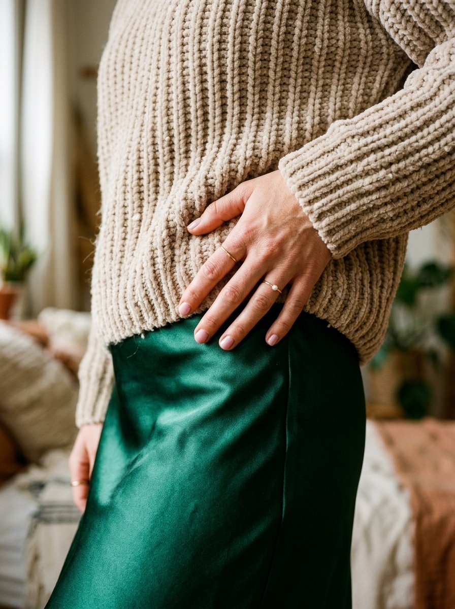 Close up of a person's hand resting on a green satin midi skirt while wearing a thick beige knit sweater.