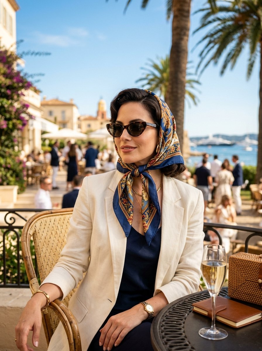 A stylish woman with a patterned blue headscarf and sunglasses sitting at an outdoor coastal cafe.