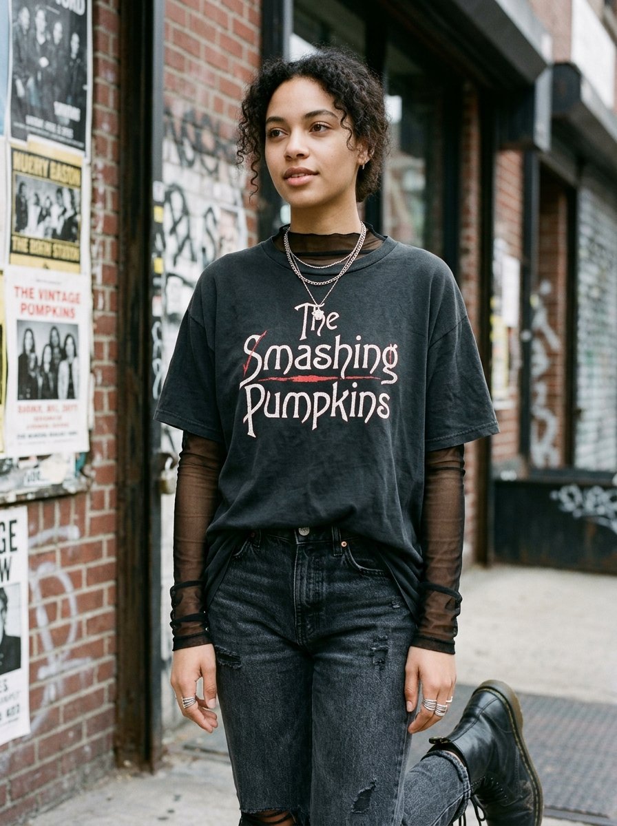 Portrait of a woman wearing a black graphic tee over a sheer long-sleeve top and distressed denim jeans.