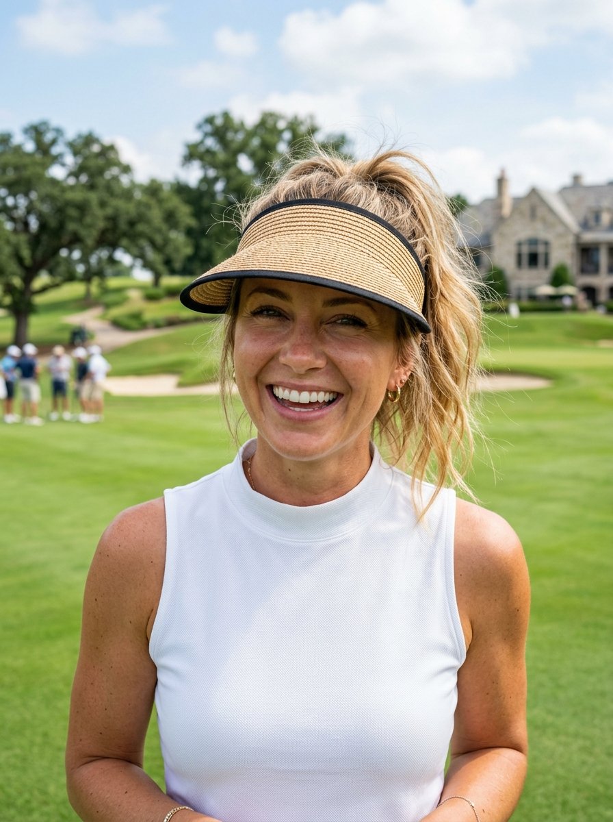 Portrait of a happy blonde woman wearing a straw golf visor and white sleeveless shirt on a sunny green fairway.
