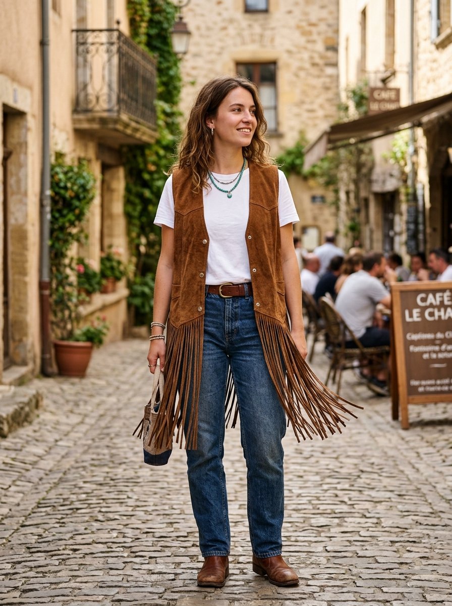 Young woman standing on a stone street wearing a white tee, blue jeans, and long brown fringe suede vest.