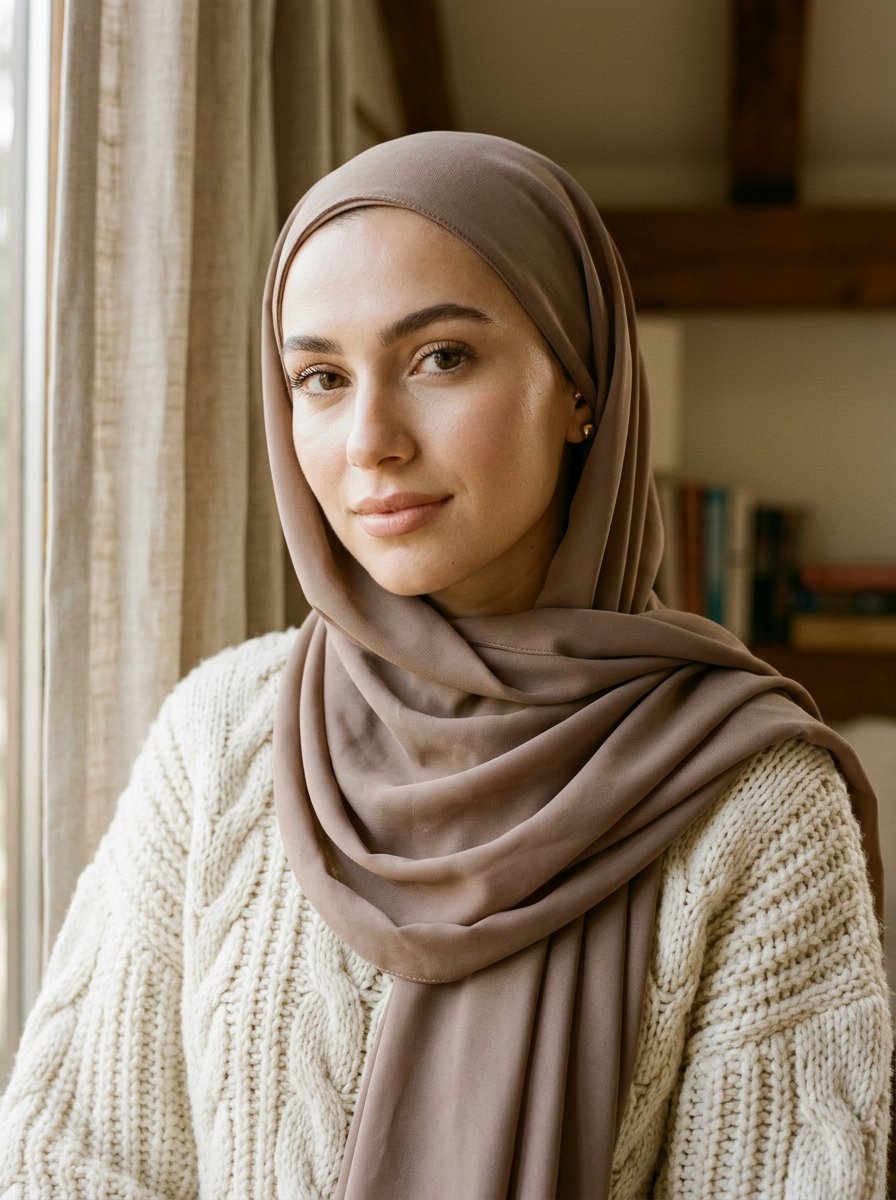 Portrait of a woman wearing a neutral-toned headscarf and a white cable-knit jumper near a window.