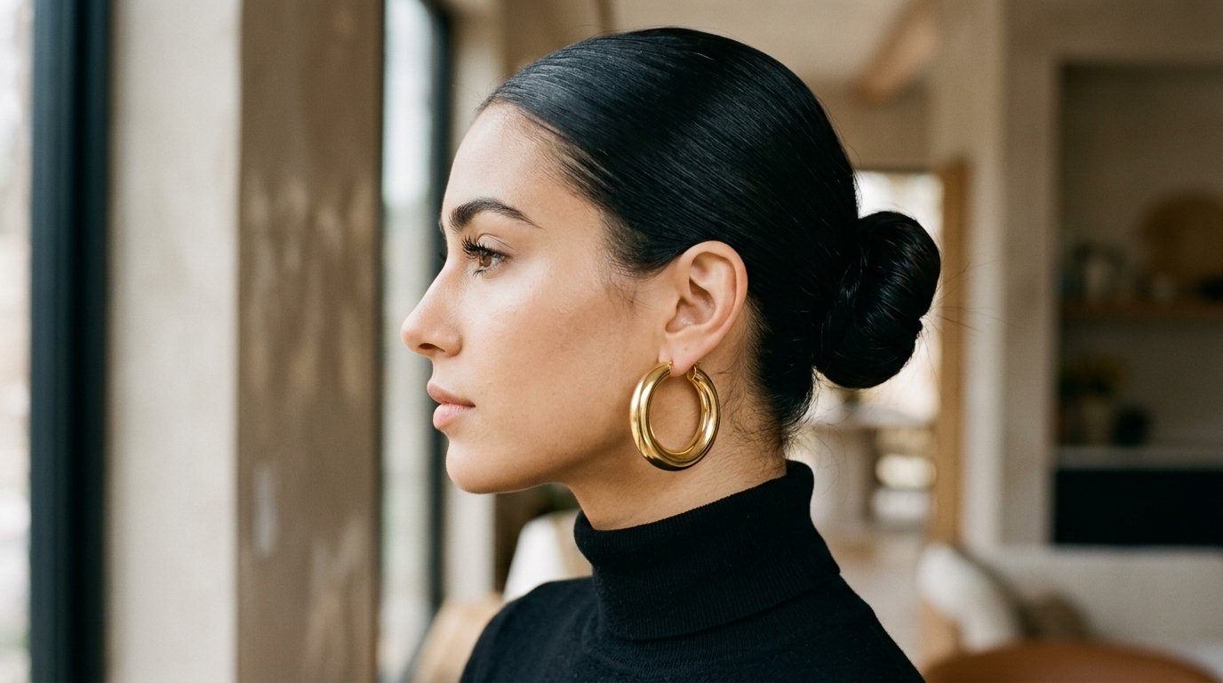 A woman with a sleek hair bun wears large gold circular earrings while looking out a window.