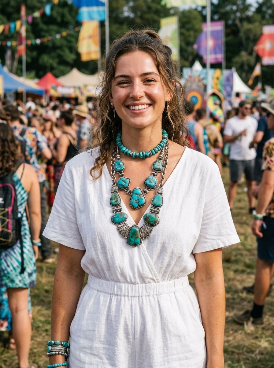 Portrait of a smiling woman with layered silver and turquoise jewelry at a summer music festival