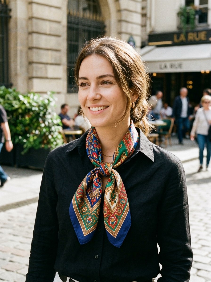 Close-up of a woman in a black shirt tied with a red, green, and blue floral vintage-style scarf outdoors.