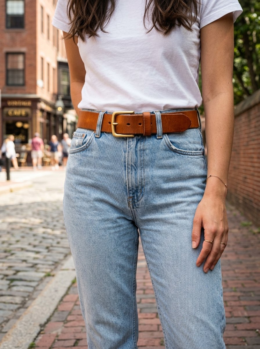 Close up of a person in a white t-shirt and blue denim jeans featuring a brown leather belt with a brass buckle.