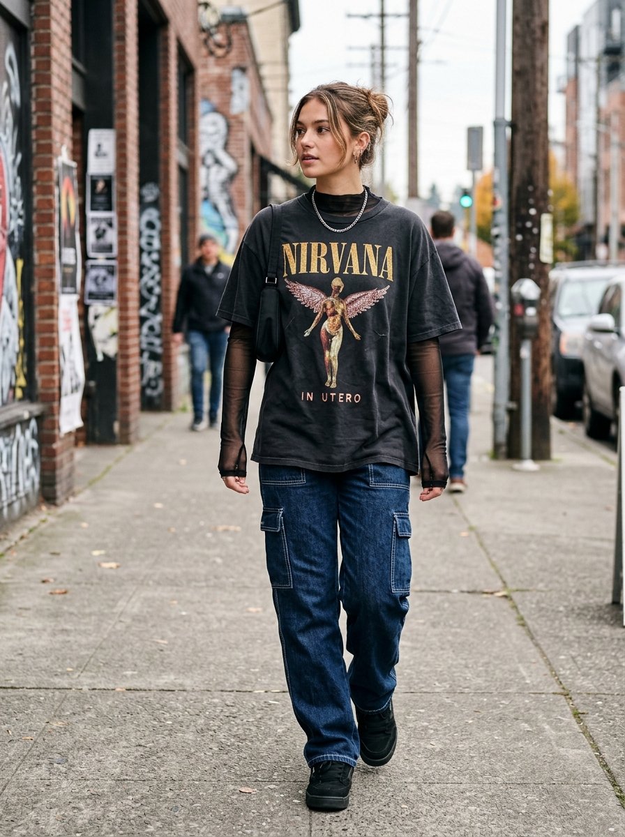 Fashionable woman with a hair bun wearing a black Nirvana In Utero band tee over a mesh shirt and denim cargo pants.