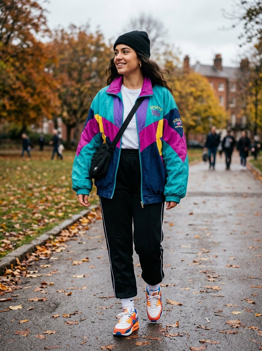 A smiling woman walks through a fall park wearing a vibrant teal, purple, and yellow retro windbreaker jacket.