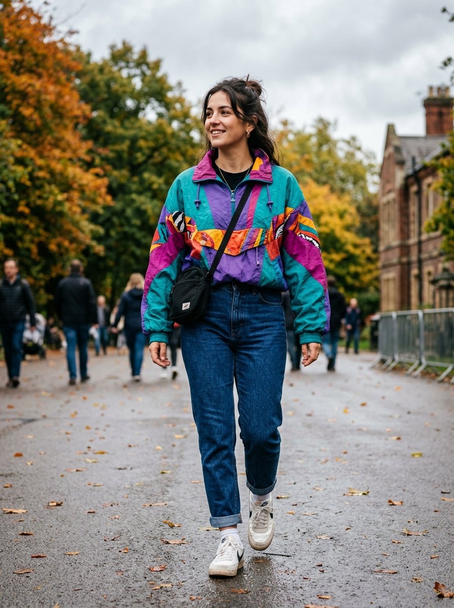Smiling woman walking outdoors wearing a bright patterned 90s windbreaker and blue jeans during autumn.
