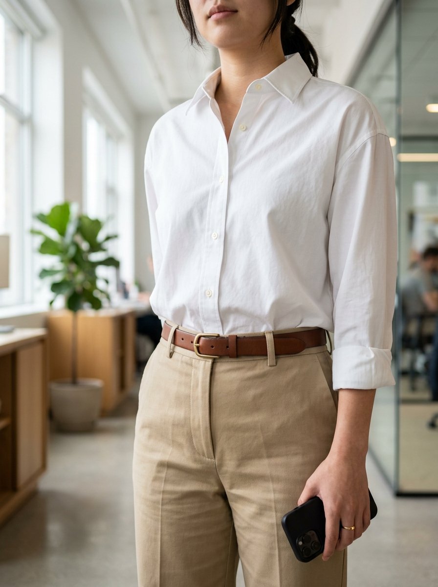 Close-up of a person in a white button-up shirt, tan pants, and brown leather belt holding a smartphone.