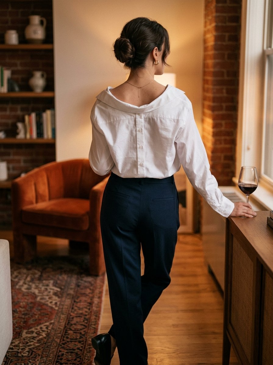 Rear view of a woman with hair in a bun wearing a white blouse and dark trousers next to a wine glass.