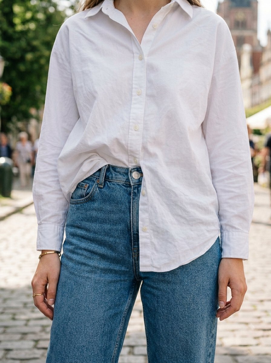 Close up of a person dressed in a long-sleeved white collared shirt tucked into high-waisted denim pants.