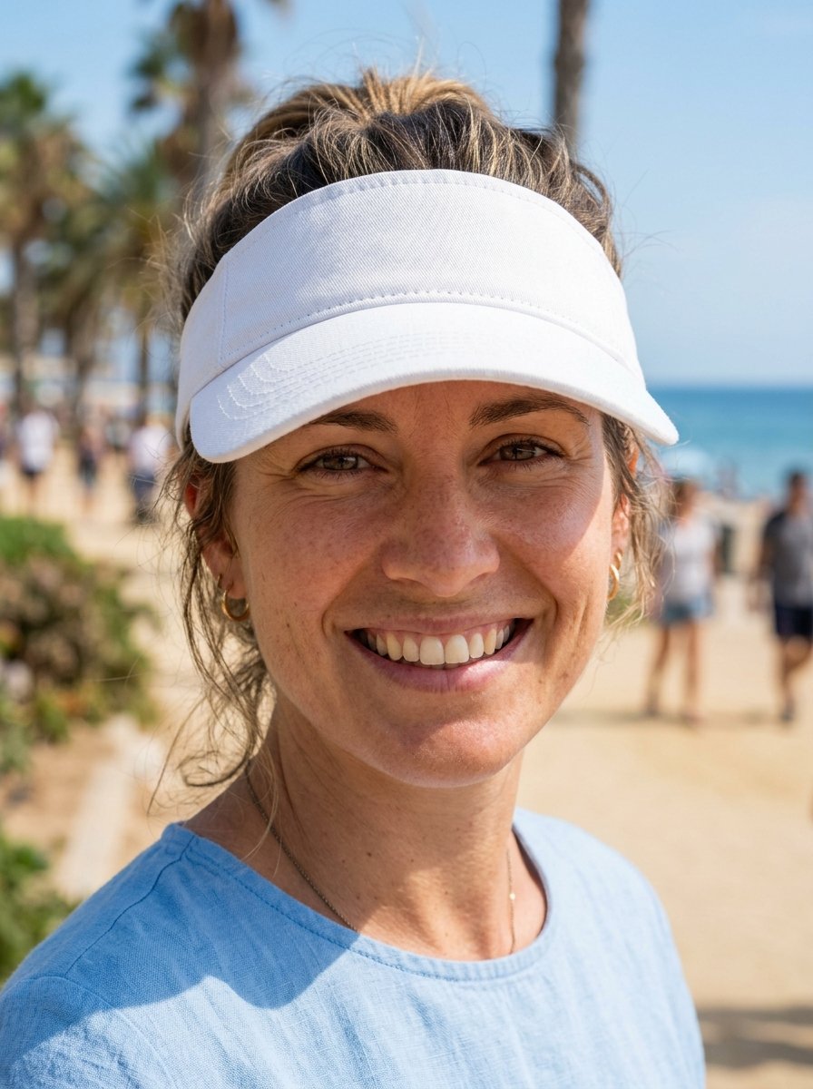 Close-up portrait of a smiling woman with messy hair wearing a clean white sun visor and a blue linen shirt.