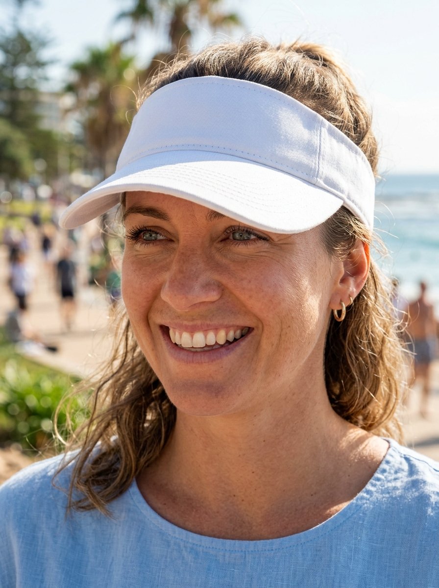 Close-up portrait of a woman in a white sun visor smiling against a blurred coastal promenade background.